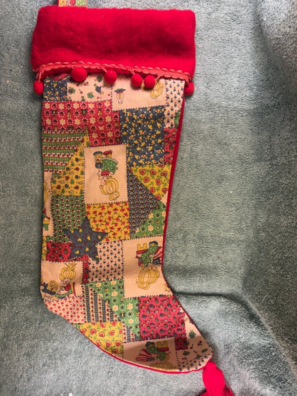 Vintage Kurt Adler 1970s Holly Hobbie Style Patchwork Stocking Pom Tassel 18"